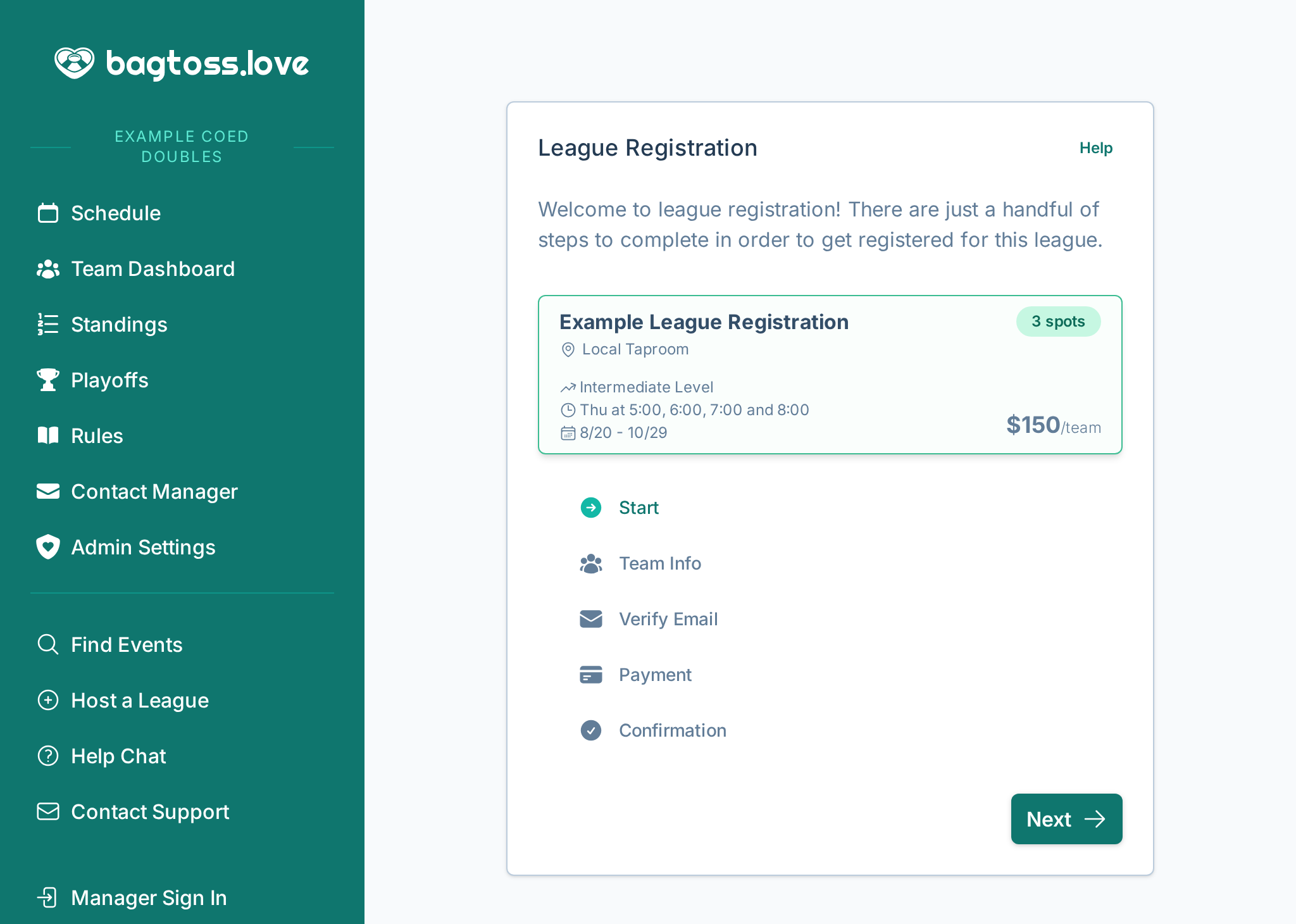 A screenshot of the team registration experience