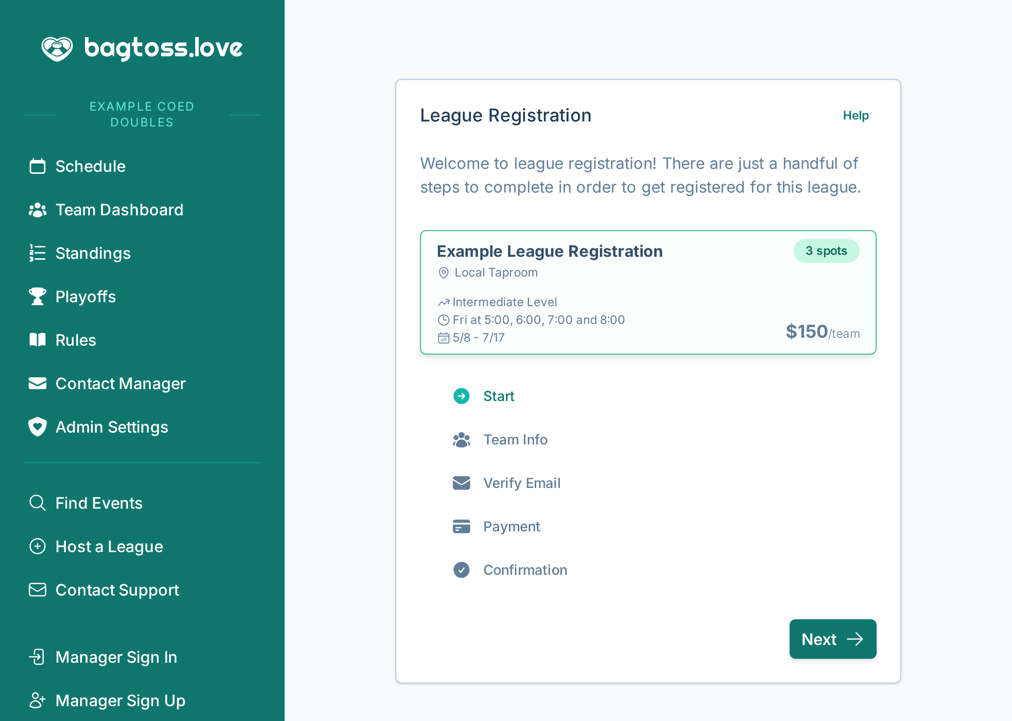 A screenshot of the team registration experience