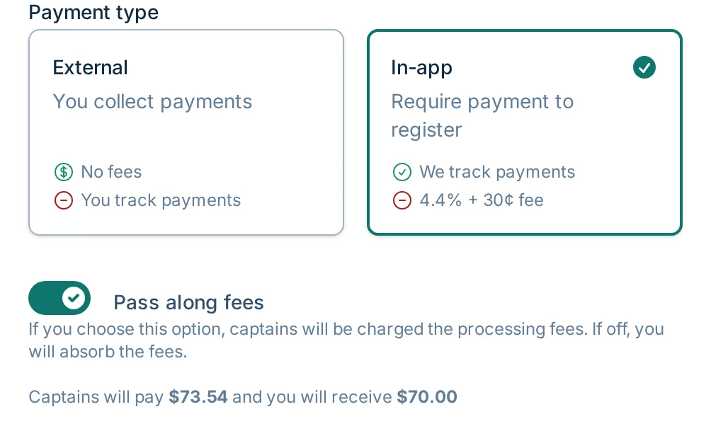 Pass along fees option in bagtoss.love, a cornhole checkout and registration tool