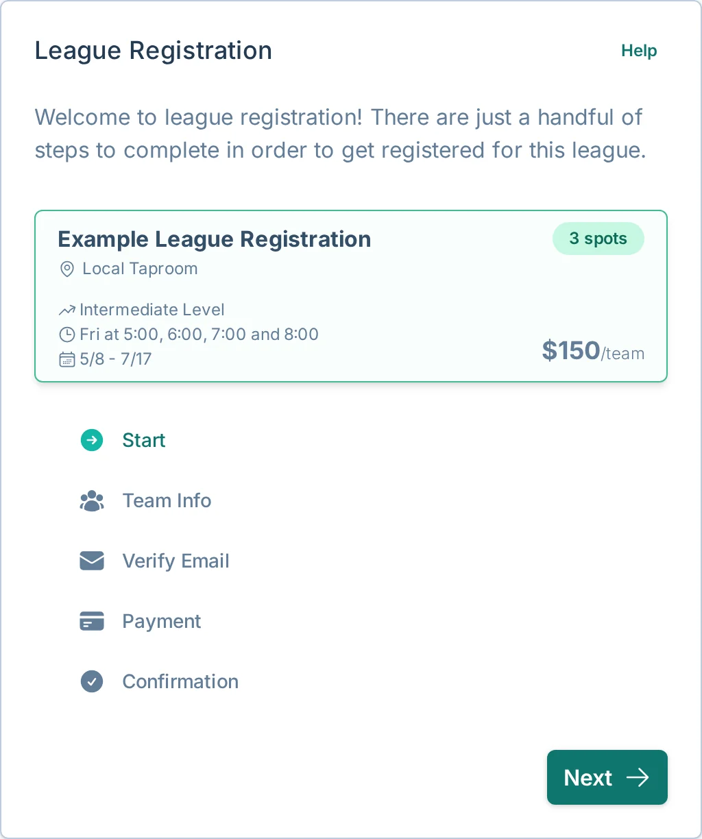 Team registration start form in bagtoss.love, a cornhole registration app for rec teams