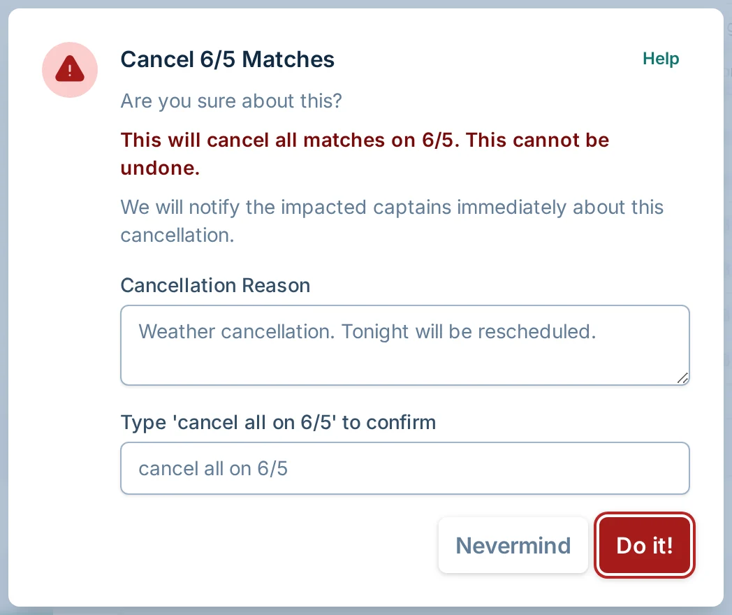 Cancel all matches confirmation dialog in bagtoss.love, a cornhole organizer for league admins