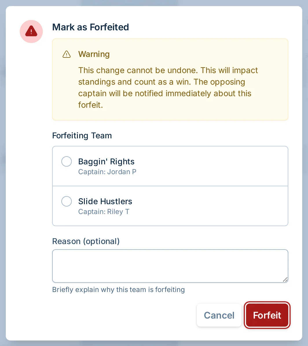 Forfeit or no-show dialog in bagtoss.love, a cornhole league score reporting app