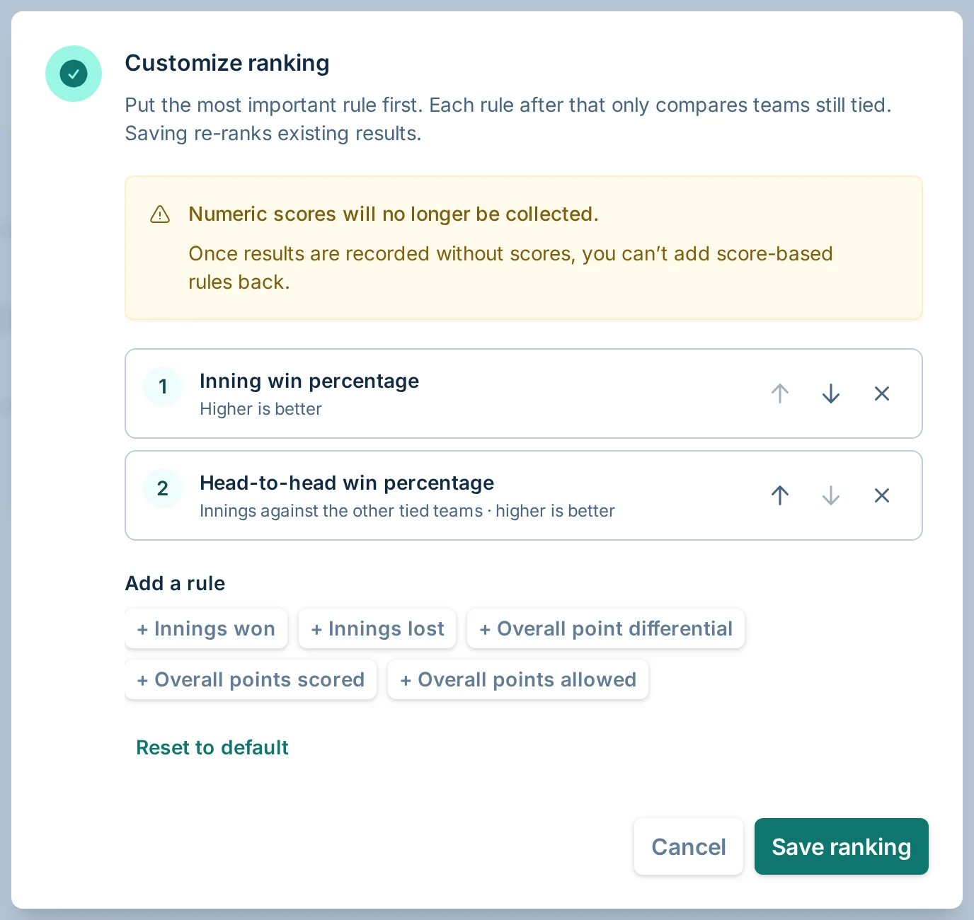 Warning when switching cornhole score reporting to win/loss results without numeric scores in bagtoss.love
