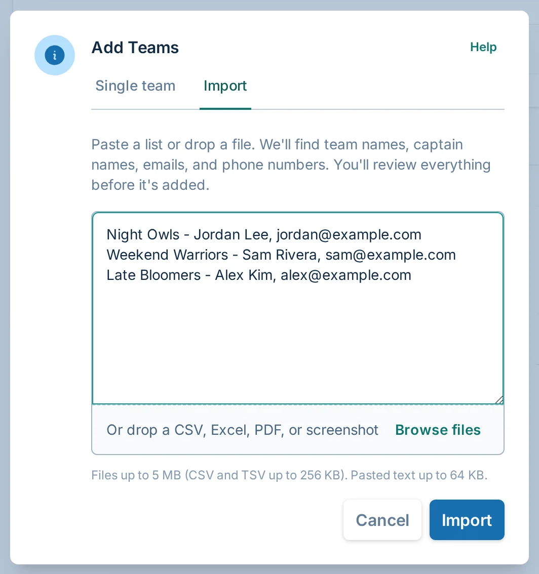 Import teams dialog in bagtoss.love, a cornhole team management tool