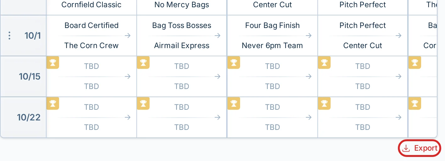 The Export control below a league schedule in bagtoss.love